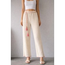 İnce Moda Giyim Yüksek Bel Hasır Dokulu Püskül Kemerli Pantolon – Ekru