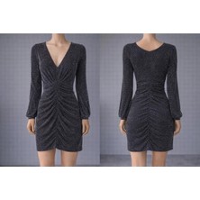 İnce Moda Giyim Siyah Simli Drapeli V Yaka Mini Elbise