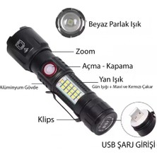 Store Mania Ieg™ WS-2828 Ultra USB Şarjlı Polis El Feneri, Bekçi, Asker El Feneri Kırmızı Mavi Çakarlı