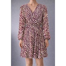 İnce Moda Giyim Zebra Desenli Kruvaze Yaka Kemerli Elbise