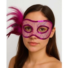 Store Mania Ieg™ Fuşya Renk Yandan Tüylü Pul Payet Işlemeli Parti Maskesi 23X12 cm