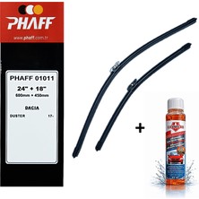 Phaff Dacia Duster (2017) Ön Silecekleri (600MM + 450MM) ve Börfh 32 ml Konsantre Cam Suyu Şampuanı Seti