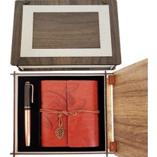Store Mania Ieg™ Özel Ahşap Kutulu Kahve Deri Defter ve Bakır Roller Kalem Set