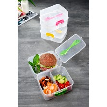 Store Mania Ieg™ Şeffaf 3 Bölmeli 2 Katlı Çatal Kaşıklı Beslenme Kabı - Diyet Kabı Piknik Kutusu