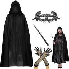 Store Mania Ieg™ 120 cm Kapüşonlu Siyah Pelerin + Asa + Dantel Maske + Uzun Dantel Siyah Eldiven Kostüm Set