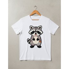 Texrium Gülen Rakun Figür Baskılı Beyaz Pamuklu T-Shirt