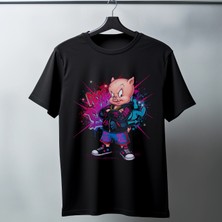 Velmora Fashion Porky Pig Graffiti Baskılı Unisex Siyah Oversize Tişört - 24/1 Penye