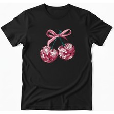 Texrium Fiyonklu Disco Topu Pembe Kiraz Tasarımlı Siyah -Beyaz Pamuklu Kadın T-Shirt
