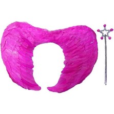 Store Mania Ieg™ Gerçek Tüylü Katlanabilir Çocuk Pembe Melek Kanadı ve Asa Seti 40X55 cm