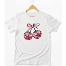 Texrium Fiyonklu Disco Topu Pembe Kiraz Tasarımlı Siyah -Beyaz Pamuklu Kadın T-Shirt