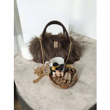 Rivelcandle Kadın Kürk Detaylı Mini Çanta & Leopar Tasarımlı Dekoratif Fincan Seti – 2'li Şık Hediye Seti