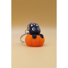 Rodopiva Örgü Desenli Balkabağı Kara Kedi Anahtarlık (Plastik)