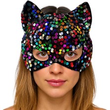 SHC4200 Mey Ithalat® Siyah Kadife Kumaş Üzerine Rengarenk Payetli Pullu Parti Maskesi 16X14 cm