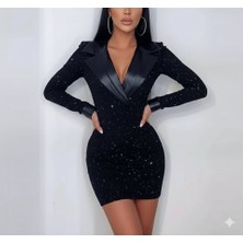 Nova Epoxy Art Kadın Deri Detaylı Manşet Yaka Simli Fukara Kumaş Mini Elbise