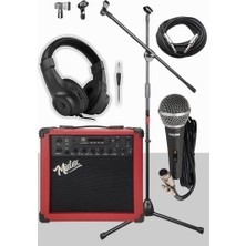 Delixa MGA-25RD-PAK Elektro Gitar Amfisi 25 Watt USB Bluetooth ve Şarjlı (Amfi Mikrofon Stand Kulaklık Jack