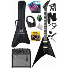 Braventa Collection Maxword DG-28BK-50AMP V Kasa Gül Klavye 2x Zebra Humbucker Manyetik 50W Amfili Elektro Gitar