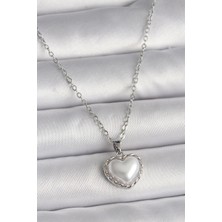 Shopwave 316L Çelik Gümüş Renk Zincir 3D Inci Kalp Model Kadın Kolye