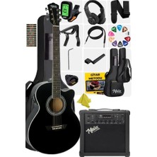 Delixa XC-300XBK-AMP Profesyonel Amfili Siyah Elektro Akustik Gitar (Amfi Gigbag Çanta Tuner Capo Askı Jak