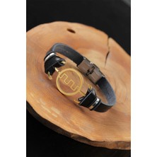 Nacario Mey Ithalat® Gold Renk Metal Labirent Tasarım Siyah Renk Deri Erkek Bileklik