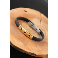 Nacario Mey Ithalat® Gold Renk Çelik Yıldızlı Tasarım Siyah Renk Silikon Erkek Bileklik