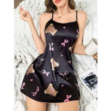 Beruflic  Siyah Ince Askılı Ayıcık Desenli Saten Mini Gecelik