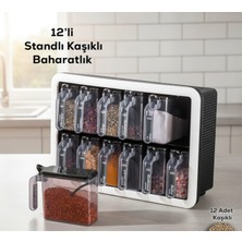 12'li Standlı Kaşıklı Baharatlık Takımı - Şeffaf Hazneli Modern Düzenleyici Baharat Seti