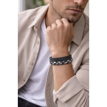 Herşey Nota Urban Steel Hakiki Deri Erkek Bileklik – Gümüş Örgü Detaylı – Mıknatıslı KILIT-1340