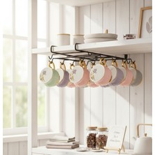 12 Kancalı Portatif Fincan ve Kupa Askısı - Raf Altı Geçmeli Düzenleyici Askılık Siyah