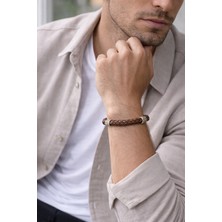 Herşey Nota Imperial Brown Hakiki Deri Erkek Bileklik – Örgü Tasarım – Metal Detaylı Çelik KILIT-1331