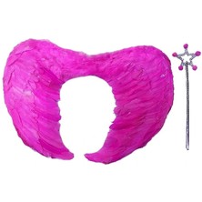 Shopwave Gerçek Tüylü Katlanabilir Çocuk Pembe Melek Kanadı ve Asa Seti 40X55 cm (5047)