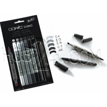 Copic Ciao Gri Tonları Serisi 5+1 Set, Kesik Uç ve Fırça Uçlu Kalemler ile Hobi İçin İdeal