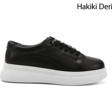 GÖNDERİ Kadın Siyah  Lastik Bağcıklı Comfort Dolgu Taban Hakiki Deri Sneaker