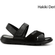 Gönderi® Erkek Siyah Cırtlı Çapraz Bantlı Hakiki Deri Sandalet