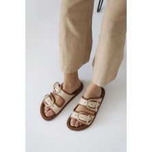 Straswans Muna Kadın Hasır Detay  Günlük Deri Terlik Taba-Bej