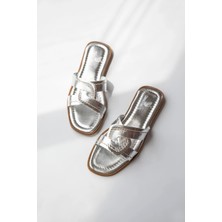 Straswans Samira  Kadın Tek Bant  Günlük Deri Terlik Gümüş