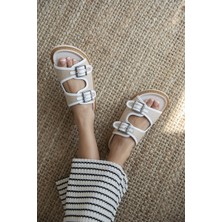 Straswans Moss Kadın Hasır Detay  Günlük Deri Terlik Beyaz