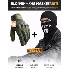 Single Sword Dokunmatik Tam Parmak Korumalı Eldiven + Termal Kar Maskesi Set Haki XL