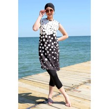 Beruflic Sıfır Kol Puanlı Yarım Tesettür Mayo Siyah Peyaz Puantiye