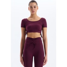 COMEUP Bağcıklı Yanlardan Büzgülü Crop Top Mürdüm