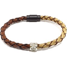 Herşey Nota Terra Gold Hakiki Deri Erkek Bileklik – Kahverengi & Bej Örgü – Metal Detaylı Çelik KILIT-1328