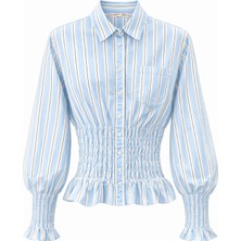 Mixray 4823 Kadın Çizgili Beli Gipeli Uzun Kol Gömlek Mavi