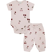 Antebies Organik Gots Sertifikalı Pembe Kiraz Desen,bel Lastikli,bağcıklı,kısa Kol Bebek Body Eşofman Takımı