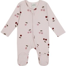 Antebies Organik Gots Sertifikalı Pembe Kiraz Masalı Desenli Fermuarlı Uzun Kollu Kız Bebek Patikli Tulum