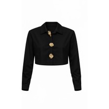 Miss Poem Kadın Siyah Gold Düğme Figür Detaylı Crop Gömlek