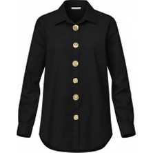 Miss Poem Kadın Siyah Gold Düğmeli Slim Fit Likralı Pamuk Gömlek