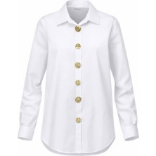 Miss Poem Kadın Beyaz Gold Düğmeli Slim Fit Likralı Pamuk Gömlek