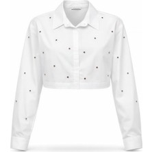 Miss Poem Kadın Beyaz Taş Detaylı Crop Gömlek