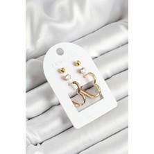 Shopwave Pirinç Zirkon Taş ve Kalp Figürlü Gold Renk 3'lü Çift Kadın Küpe Set