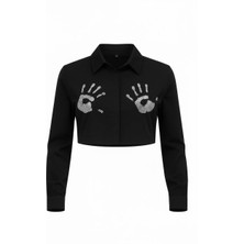 Miss Poem Kadın Siyah Taş Işlemeli Crop Gömlek