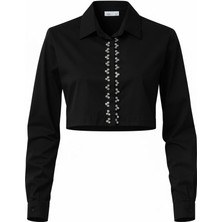 Miss Poem Kadın Siyah Taş Detaylı Crop Gömlek